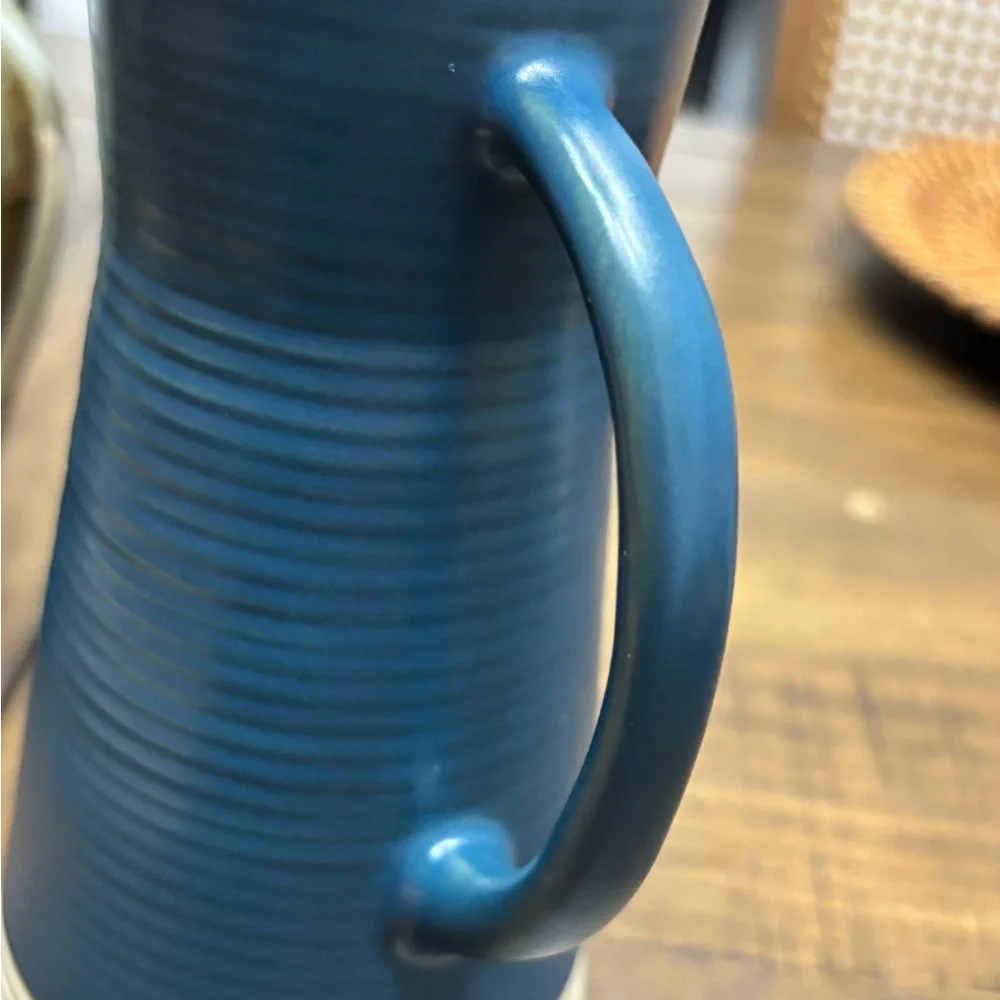 Crate&barrel blue and beige ceramic ribbed candle holder